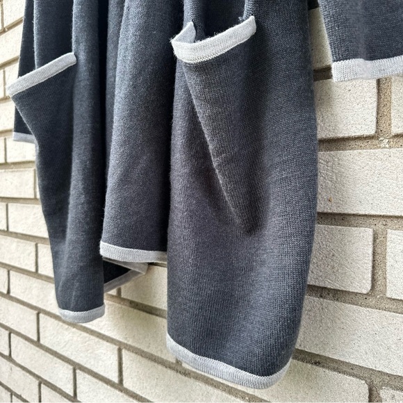 Eileen Fisher Merino Wool Open Front Cardigan Gray Contrast Trim Sustainable - Picture 9 of 13